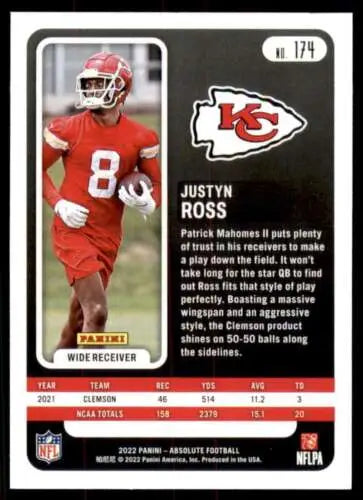 Justyn Ross football card from 2022 Panini Absolute NM RC Rookie near mint condition