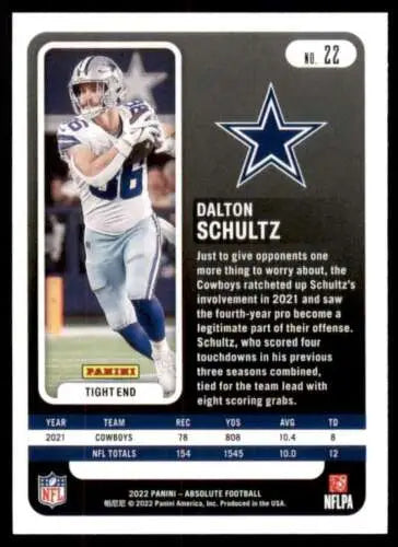 Dalton Schultz football card from 2022 Panini Absolute showcasing original gloss finish