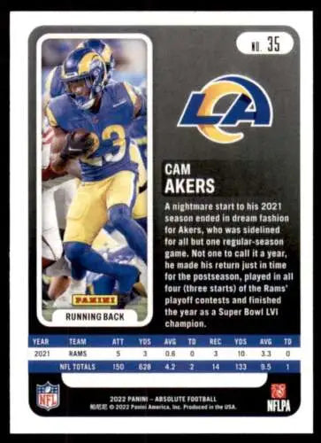 2022 Panini Absolute Cam Akers football card featuring original gloss, LA Rams collectible