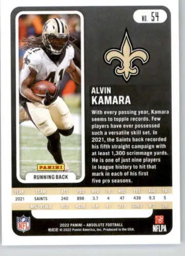 Alvin Kamara football card from 2022 Panini Absolute, original gloss, Near Mint condition