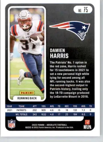 Damien Harris football card from 2022 Panini Absolute with original gloss NM-MT condition