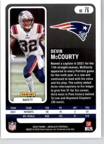 2022 Panini Absolute #76 Devin McCourty NM-MT football card with original gloss finish