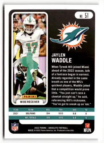 2022 Panini Absolute Green Jaylen Waddle football card with original gloss Dolphins ID:50474