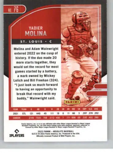 Yadier Molina Baseball card back showing original gloss from Panini Absolute Retail 2022