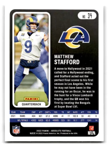 Matthew Stafford 2022 Panini Absolute Yellow football card NM Near Mint LA Rams