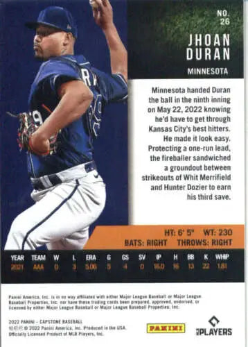 2022 Panini Capstone #26 Jhoan Duran baseball card with original gloss for Twins fans