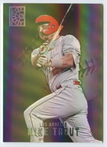 Baseball player in Los Angeles Angels uniform swinging bat on 2022 Panini Capstone Mike Trout