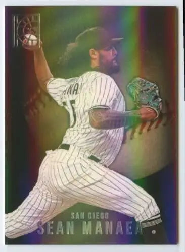 Baseball trading card of Sean Manaea in white pinstriped uniform from Panini Capstone