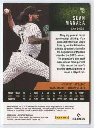 Baseball card of Sean Manaea in mid-throw, featuring original gloss from Panini Capstone