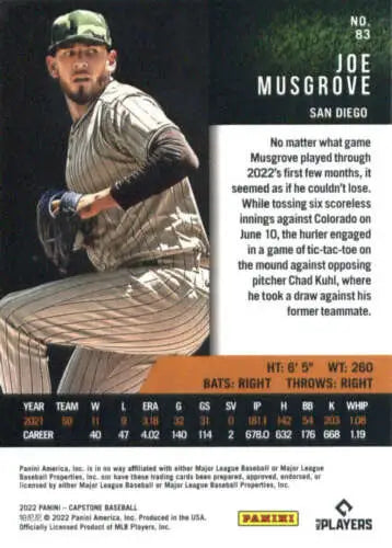 Joe Musgrove baseball card 2022 Panini Capstone #83 with original gloss NM-MT Padres