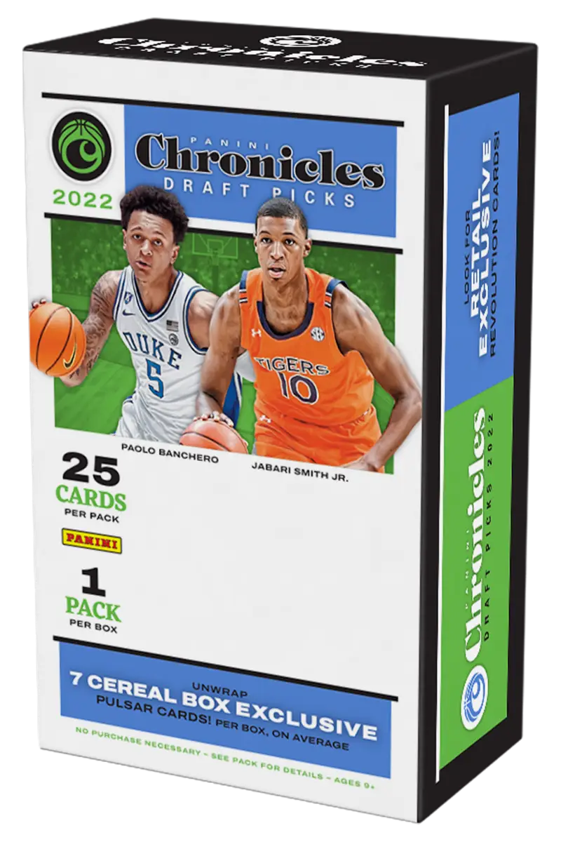 2022 Panini Chronicles Draft Picks Collegiate Basketball Card Box featuring players in jerseys