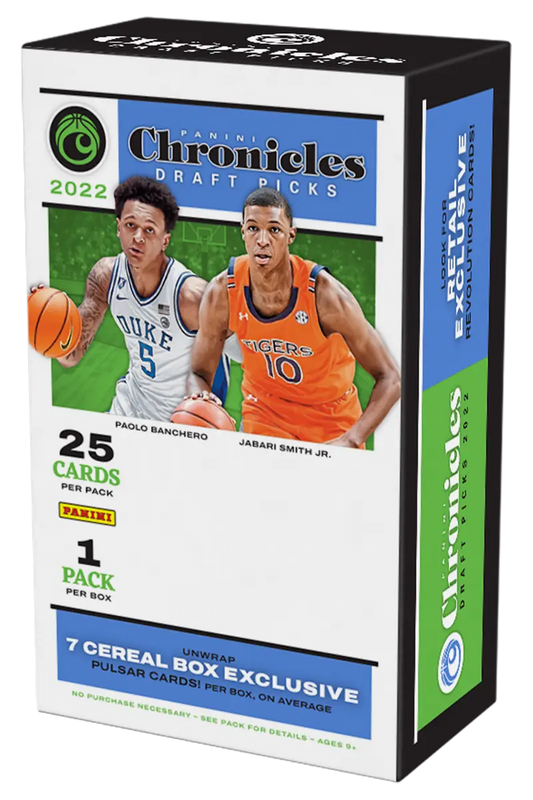 2022 Panini Chronicles Draft Picks Collegiate Basketball Card Box featuring players in jerseys