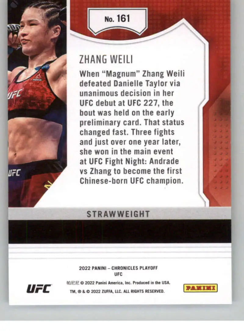 UFC trading card of Zhang Weili in black sports bra from Panini Chronicles UFC series