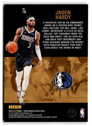 Basketball player in Dallas Mavericks jersey dribbling ball for Panini Contenders Rookie Stallions