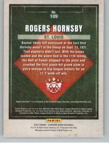 2022 Panini Diamond Kings #109 Rogers Hornsby baseball card in original gloss condition