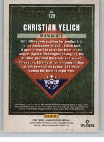 Baseball card back of 2022 Panini Diamond Kings #129 Christian Yelich with original gloss