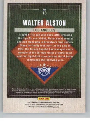 Baseball card back of 2022 Panini Diamond Kings Walter Alston with original gloss