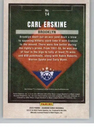 Baseball card back of 2022 Panini Diamond Kings #14 Carl Erskine with original gloss