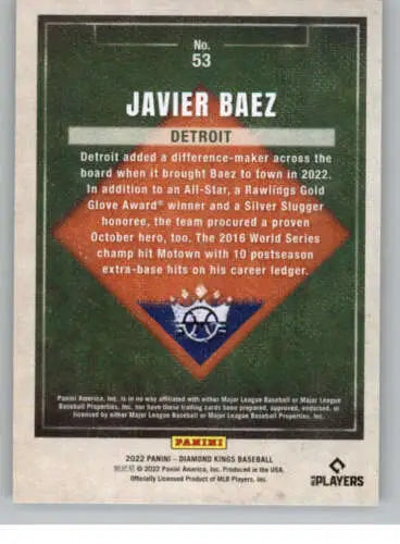 Javier Baez 2022 Panini Diamond Kings baseball card with original gloss NM-MT Tigers