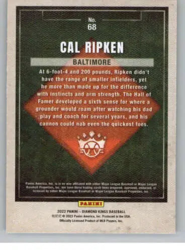 Cal Ripken baseball card back from 2022 Panini Diamond Kings with original gloss