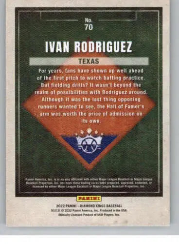 Baseball trading card of Ivan Rodriguez from Panini Diamond Kings featuring batting practice