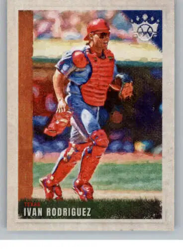 Baseball card of Ivan Rodriguez in red and blue gear, Panini Diamond Kings original gloss