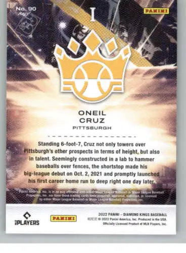 Baseball card back of 2022 Panini Diamond Kings Oneil Cruz Rookie with original gloss