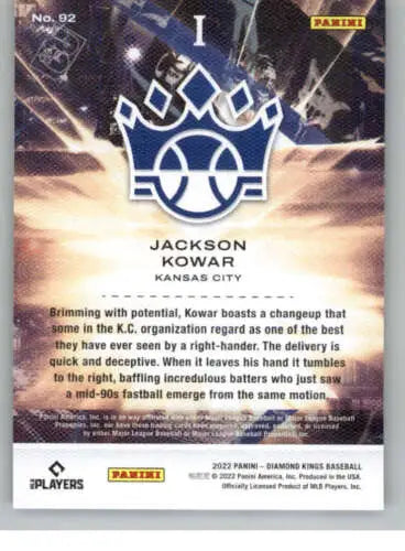 Baseball card back of 2022 Panini Diamond Kings Jackson Kowar NM-MT RC Rookie