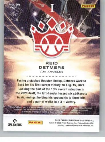 Back of the 2022 Panini Diamond Kings #94 Reid Detmers MLB rookie baseball card