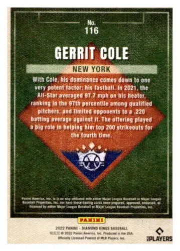 Baseball trading card of Gerrit Cole featuring Panini Diamond Kings Artist Proof Blue design