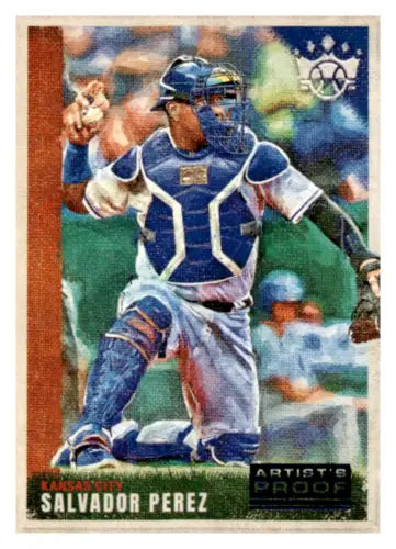 Baseball catcher in blue gear ready pose on 2022 Panini Diamond Kings Artist Proof