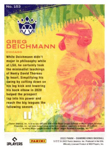 Baseball card of Greg Deichmann with orange and yellow design from Panini Diamond Kings