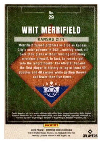 Baseball card of Whit Merrifield showcasing achievements, 2022 Panini Diamond Kings Artist Proof