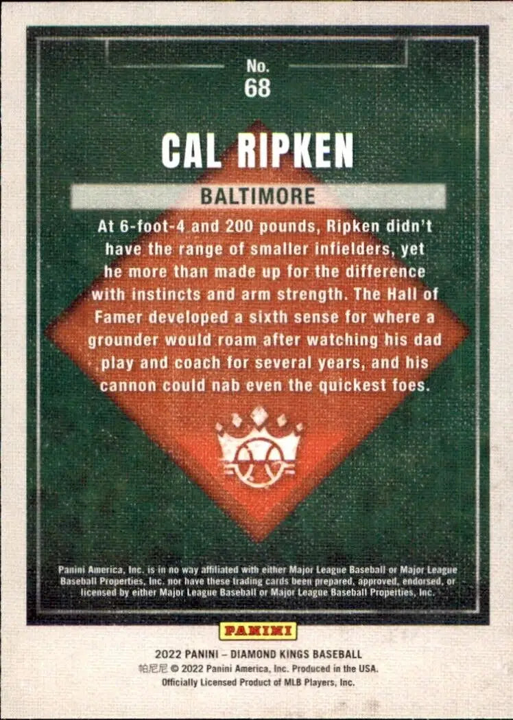 Back of 2022 Panini Diamond Kings Cal Ripken Baltimore Orioles MLB Baseball card #68