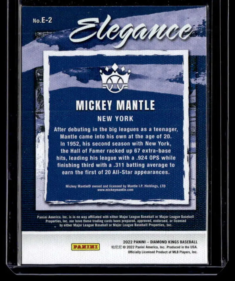 Mickey Mantle 2022 Panini Diamond Kings card showcasing Yankees career statistics