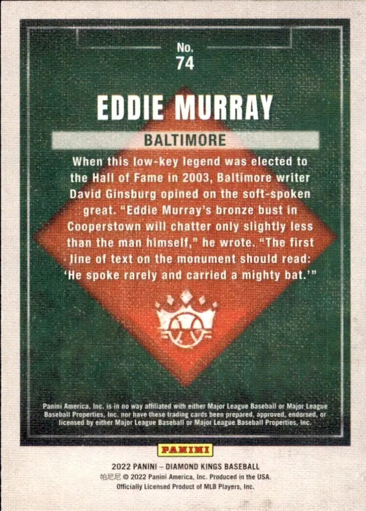 2022 Panini Diamond Kings Eddie Murray Baltimore Orioles baseball card back view