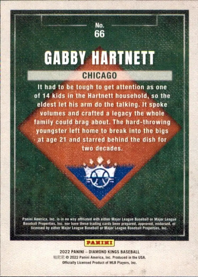 Back of 2022 Panini Diamond Kings Gabby Hartnett Chicago Cubs MLB Baseball card #66