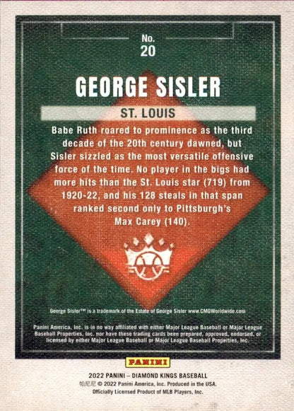 George Sisler baseball card from 2022 Panini Diamond Kings St Louis Browns MLB #20 Base NM