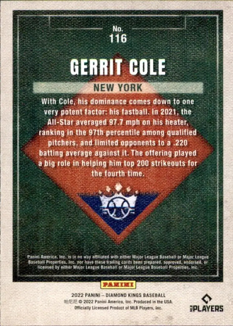 Back of 2022 Panini Diamond Kings Gerrit Cole Short Print New York Yankees Baseball card