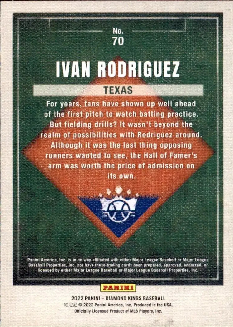 2022 Panini Diamond Kings Ivan Rodriguez Texas Rangers Baseball Card #70 Base NM