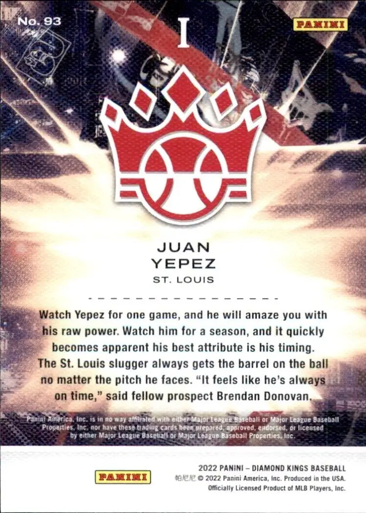 Back of 2022 Panini Diamond Kings Juan Yepez Rookie card featuring St. Louis Cardinals