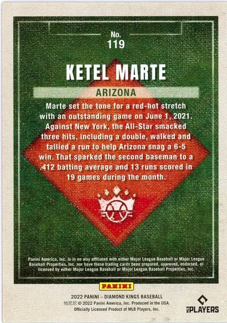 Back of 2022 Panini Diamond Kings Ketel Marte Red Frame Arizona Diamondbacks Baseball Card