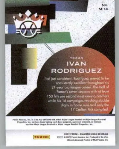 Baseball card back of 2022 Panini Diamond Kings Maestros Ivan Rodriguez in original gloss