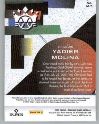 Back of 2022 Panini Diamond Kings Maestros #7 Yadier Molina baseball card with original gloss