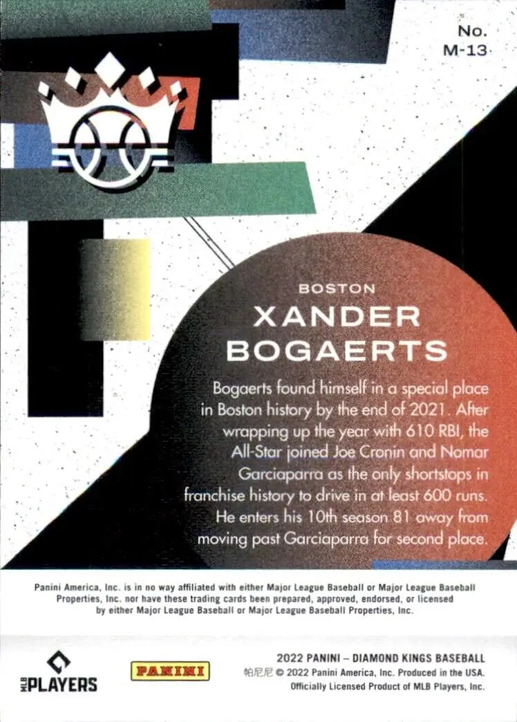 Back of 2022 Panini Diamond Kings Maestros Xander Bogaerts Baseball card #M-13