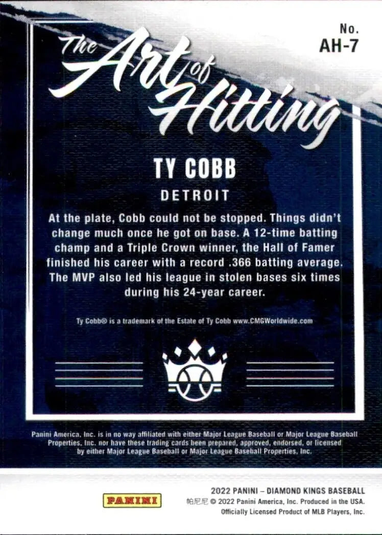 Ty Cobb Baseball Card from 2022 Panini Diamond Kings The Art of Hitting series