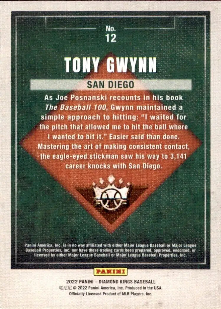 Tony Gwynn baseball card from 2022 Panini Diamond Kings San Diego Padres #12 Base NM