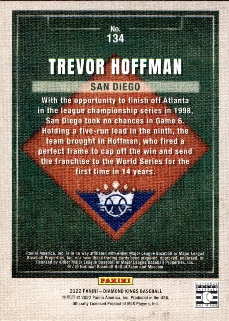 Back of 2022 Panini Diamond Kings Trevor Hoffman Short Print San Diego Padres Baseball Card