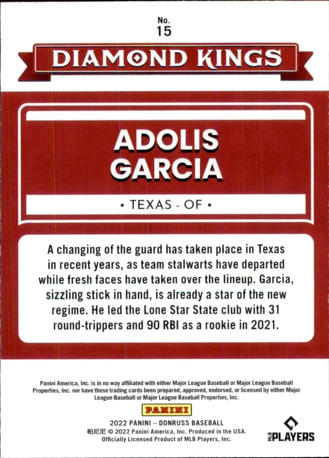 Adolis Garcia Diamond Kings baseball card from 2022 Panini Donruss collection