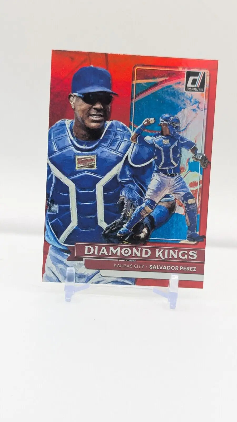 Salvador Perez baseball card from 2022 Panini Donruss Diamond Kings Holo Red collection